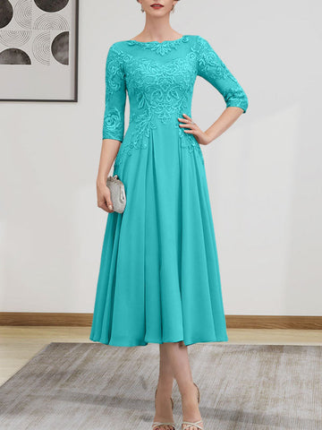 A-line Scoop Illusion Tea-Length Chiffon Lace Mother of the Bride Dress With Beading Sequins