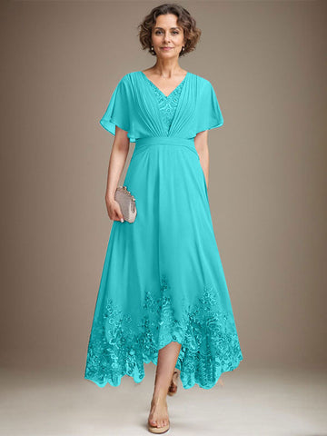 A-line V-Neck Asymmetrical Lace Chiffon Mother of the Bride Dress With Pleated