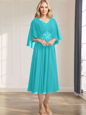 A-line V-Neck Tea-Length Chiffon Mother of the Bride Dress With Pleated Sequins Appliques Lace Beadind