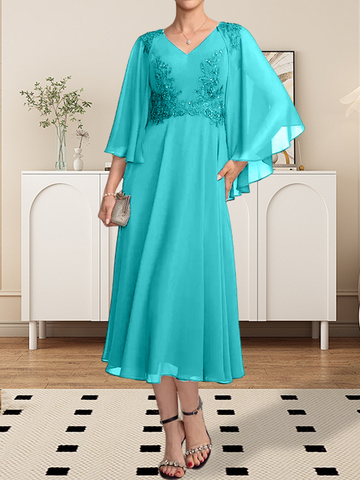 A-line V-Neck Tea-Length Chiffon Lace Mother of the Bride Dress With Beading Sequins