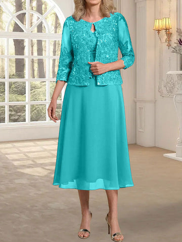 A-line Scoop Tea-Length Lace Chiffon Mother of the Bride Dress With Sequins