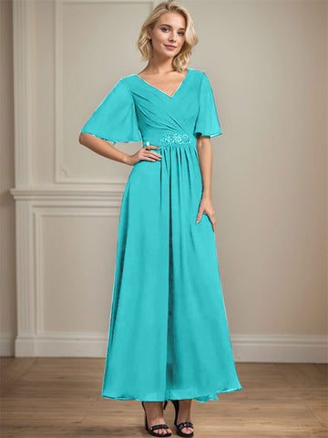 A-line V-Neck Ankle-Length Chiffon Mother of the Bride Dress With Pleated Beading Sequins