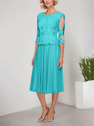 A-line Scoop Tea-Length Lace Chiffon Mother of the Bride Dress With Embroidery