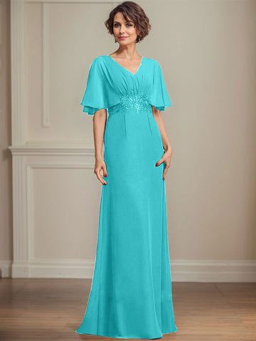 A-line V-Neck Floor-Length Chiffon Mother of the Bride Dress With Pleated Sequins Appliques Lace