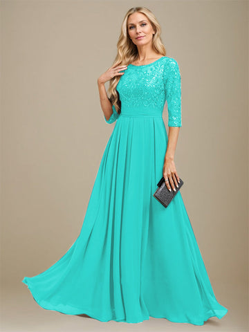 A-Line Scoop Floor-Length Lace Chiffon Mother Of the Bride Dress With Sequins Applique