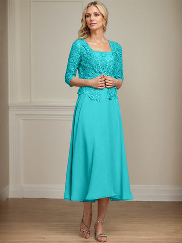 A-line Square Tea-Length Chiffon Lace Mother of the Bride Dress With Sequins Beading