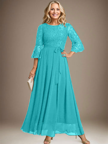 A-line Scoop Ankle-Length Lace Chiffon Mother of the Bride Dress With Bow