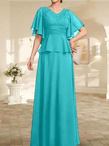 A-line V-Neck Floor-Length Chiffon Mother of the Bride Dress With Pleated Beading