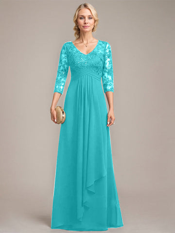 A-line V-Neck Floor-Length Lace Chiffon Mother of the Bride Dress With Cascading Ruffles Sequins