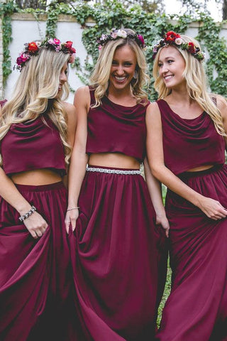 Two Piece A Line Burgundy Long  Bridesmaid Dresses  BD095