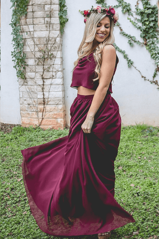 Two Piece A Line Burgundy Long  Bridesmaid Dresses  BD095