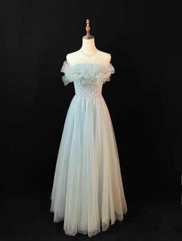 Vestido de fiesta de corte A, elegante, azul, de tul, con lentejuelas y cuentas, modelo Y8646