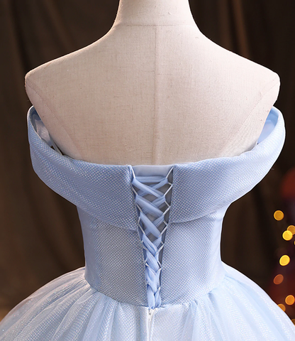 Vestido de gala largo de tul azul con encaje, modelo Y1293