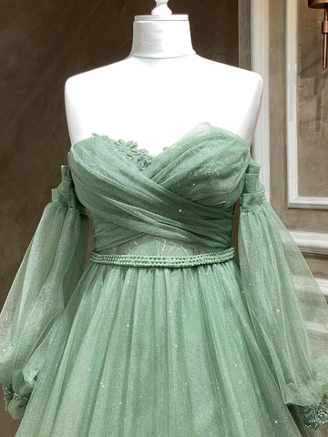 Vestido largo de fiesta verde de tul con escote corazón y corte en A, vestido de noche formal verde Y3033