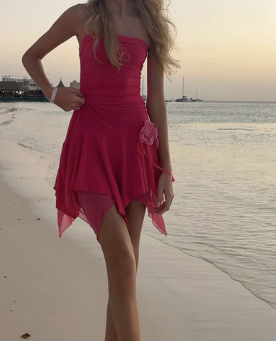 Elegante vestido playero rosa fucsia, lindo vestido para fiesta de bienvenida Y2959