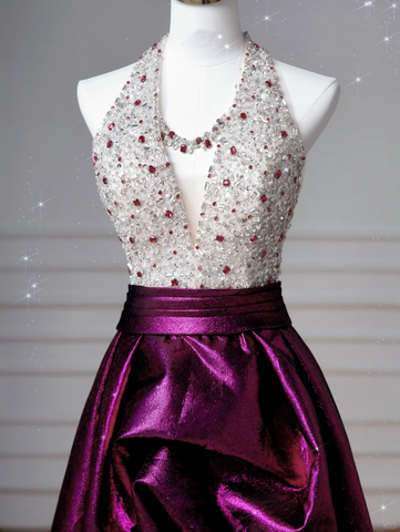 Elegante vestido de fiesta largo de noche, corte A, de satén morado con cuentas y escote halter, modelo Y8609