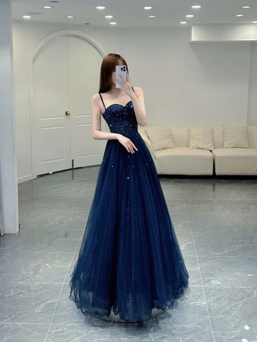 Robe de bal élégante bleu marine à bretelles en tulle, coupe trapèze, référence Y6776