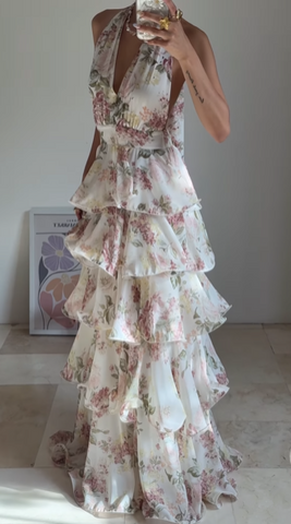 Vestido de fiesta glamuroso de gasa con estampado floral, corte en A, espalda descubierta, escote en V, cuello halter y capas, modelo Y8501