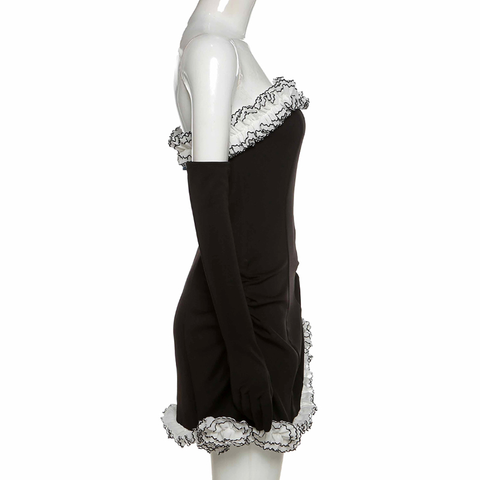 Robe bustier noire de soirée, robe bandage blanche à volants asymétriques, robe de bal noire Y2617