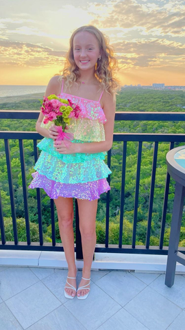 Vestido de fiesta de lentejuelas brillantes para mujer, sin mangas, con volantes arcoíris en capas, estilo arcoíris, ideal para fiestas y discotecas (Y2475)