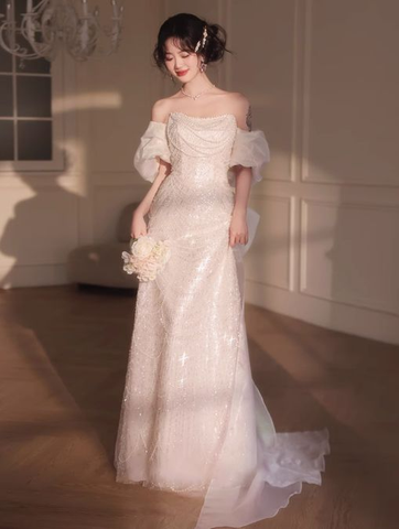 Vestido largo de fiesta rosa de corte A con hombros descubiertos, tul, lentejuelas y cuentas, modelo Y8050