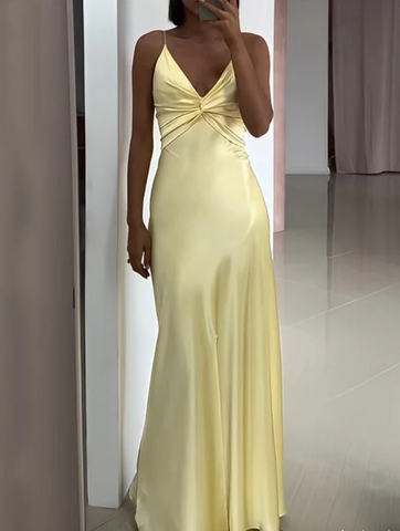 Robe de soirée jaune simple en satin à col en V et coupe trapèze Y8551
