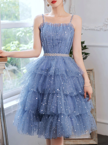 Robe de bal courte bleue bouffante en tulle Y2620