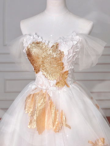 Robe de bal en tulle imprimé or, épaules dénudées, coupe trapèze, modèle Y8618