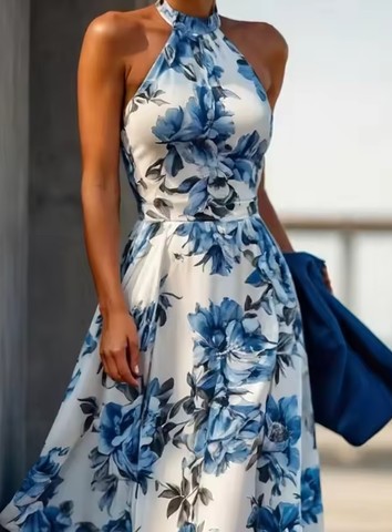 Vestido de noche azul de satén con estampado floral, sin mangas, cuello halter y corte en A (modelo Y8480).