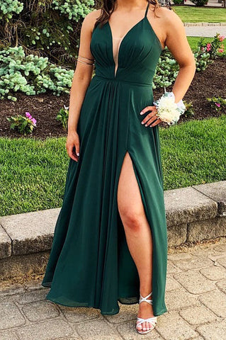 V Neck A-Line Long Prom Dress with Slit VMB65