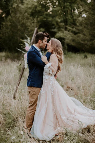 V Neck Long Sleeve Wedding Dress Rustic Wedding Gown WD725