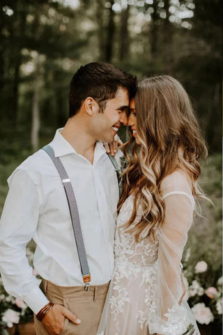 V Neck Long Sleeve Wedding Dress Rustic Wedding Gown WD725