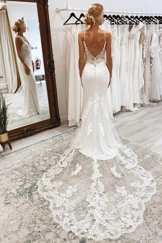V Neck Mermaid Spaghetti Straps White Wedding Dress  WD736