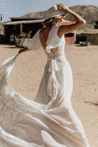 V Neckline Backless Lace Chiffon Bohemian Wedding Dress WD734