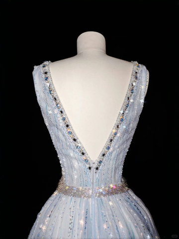 Robe de bal glamour en tulle à col en V, ornée de perles et de plumes, coupe trapèze, référence Y8682