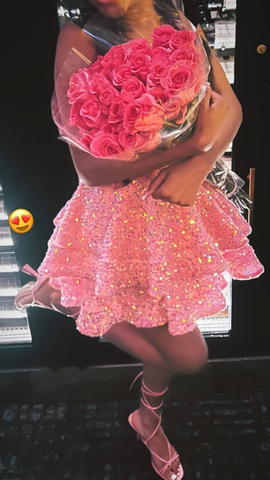 Vestido de cóctel brillante con lentejuelas y cuello halter, vestido rosa de corte A para fiesta de bienvenida Y4245