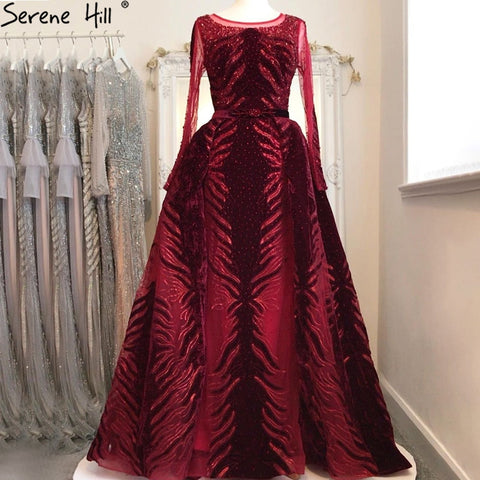 Velvet Wine Red Evening Dresses Long Sleeves Luxury Design Beading  Formal Dress 2025 Plus Size LA60903