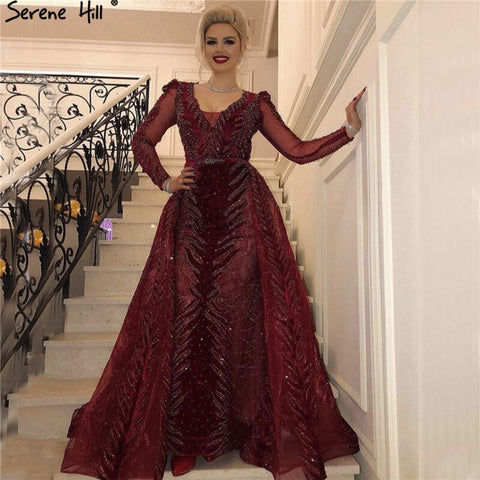 Velvet Wine Red Evening Dresses Long Sleeves Luxury Design Beading  Formal Dress 2025 Plus Size LA60903