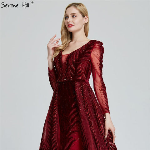 Velvet Wine Red Evening Dresses Long Sleeves Luxury Design Beading  Formal Dress 2025 Plus Size LA60903