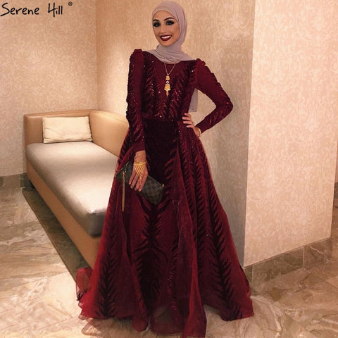 Velvet Wine Red Evening Dresses Long Sleeves Luxury Design Beading  Formal Dress 2025 Plus Size LA60903