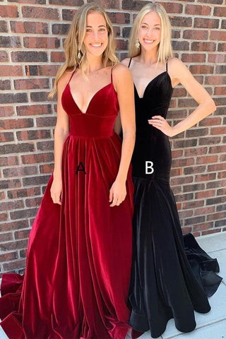 Velvet A-line V-neck Spaghetti Straps Long Prom Dresses, Party Dress