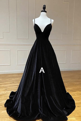 Velvet A-line V-neck Spaghetti Straps Long Prom Dresses, Party Dress