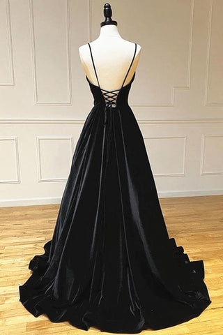 Velvet A-line V-neck Spaghetti Straps Long Prom Dresses, Party Dress