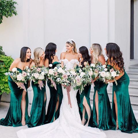 Baoleely Sweetheart Emerald Green Velvet Bridesmaid Dresses High Thigh Slit