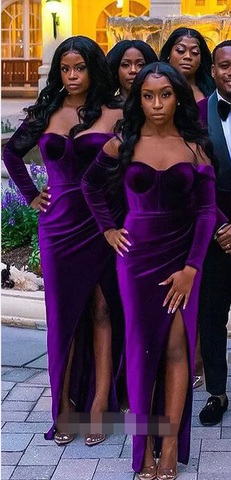 Baoleely Velvet Purple Bridesmaid Dresses Long Sleeves Mermaid Formal Wedding Guest Dress
