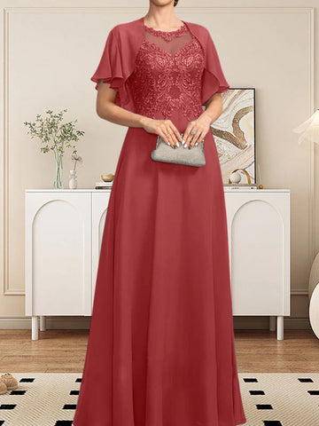 A-line Scoop Illusion Floor-Length Lace Chiffon Mother of the Bride Dress With Sequins