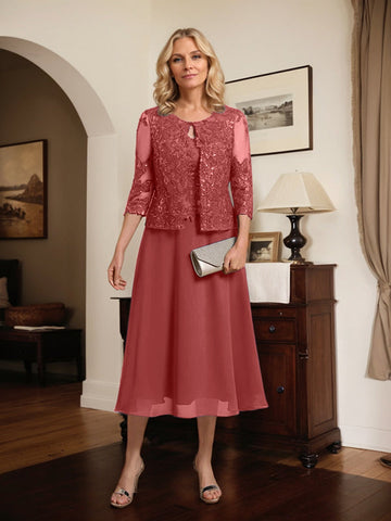 A-line Scoop Tea-Length Lace Chiffon Mother of the Bride Dress With Sequins