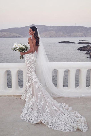 Robe de mariée sirène vintage en dentelle et perles, décolleté en V profond, robe de mariée, MW558