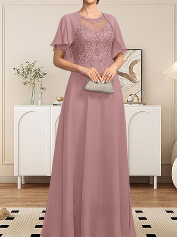 A-line Scoop Illusion Floor-Length Lace Chiffon Mother of the Bride Dress With Sequins