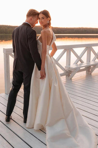 Robe de mariée vintage en satin à une épaule et traîne, Baoleely, MW1015